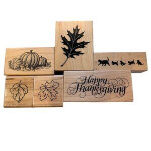 Rubber Wood Block Stamps Set Fall Designs Cats & "Happy Thanksgiving"